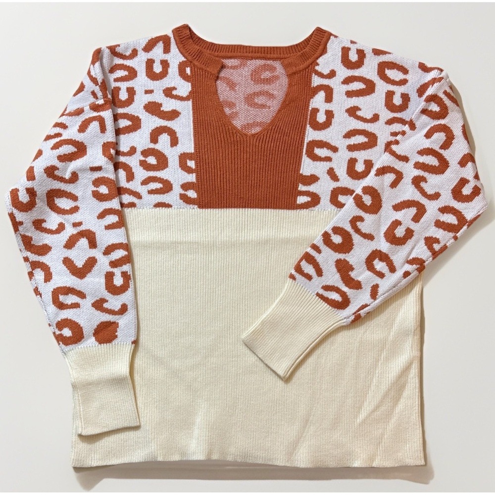 Women's XL Leopard Colorblock Ribbed Sweater V-Neck Cozy Soft Knit Long Sleeve